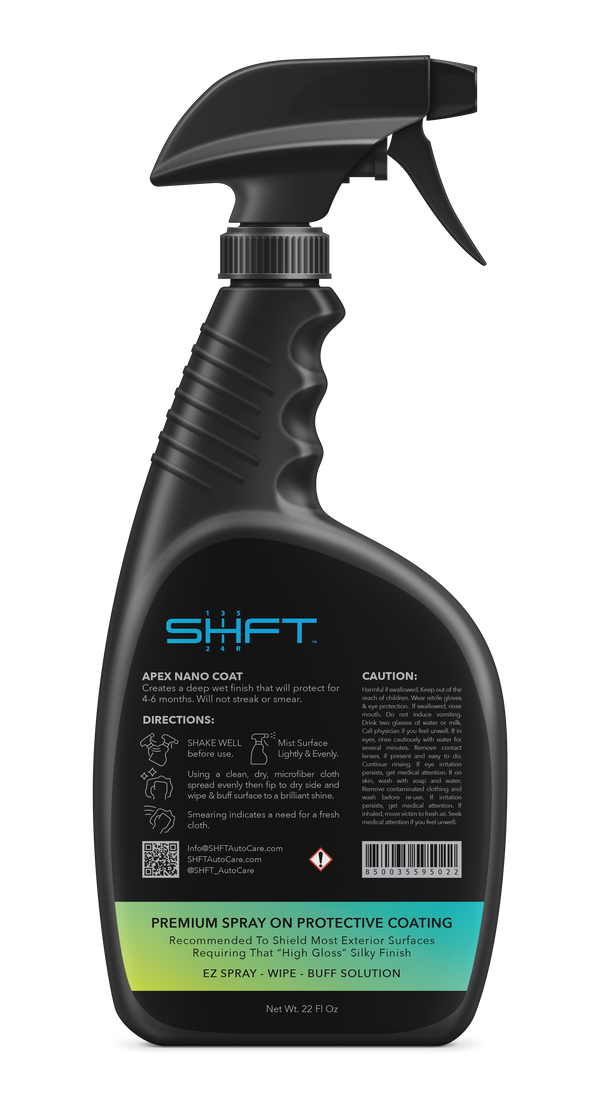 SHFT Auto Care - Apex Nano Coat - Premium Spray On Protective Coating  - Back bottle.