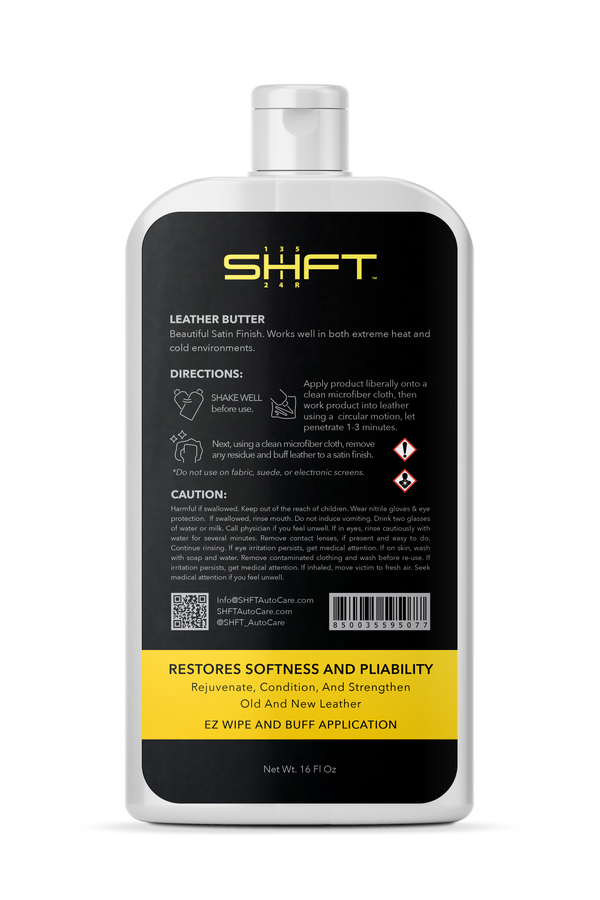 SHFT Leather Butter 16oz - Restores softness and pliability - Back side.